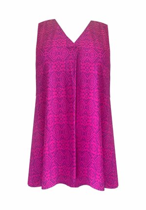 Top sans manches violet avec un col en V et un motif géométrique sur l'ensemble, fabriqué dans un tissu léger au toucher doux.
