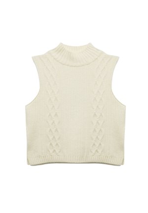 Kermanvärinen hihaton neulepaita, jossa on korkea kaulus, sisältäen palmikkoneulekuvion ja ribatun helman. Pehmeä tekstuuri, lyhyt malli.