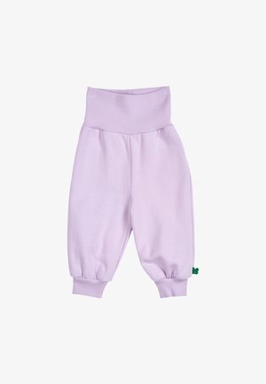 Lilac cotton trousers with a wide elastic waistband, ribbed cuffs, and side pockets. Features a small green accent near the hem.