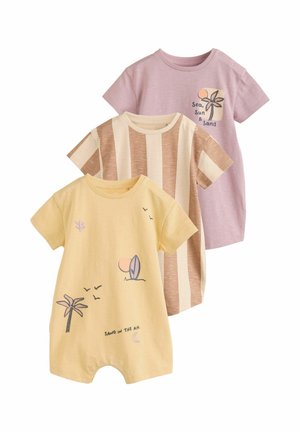 Three short-sleeve baby rompers in pastel yellow, beige-striped, and lavender, featuring beach-themed prints and text.
