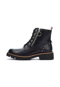 Black leather ankle boot with lace-up front, side zipper, decorative studs, and a chunky sole with contrasting color stitching.