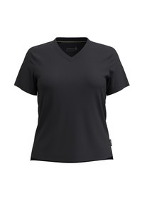 T-shirt nera a collo a V con maniche corte, realizzata in tessuto morbido. Presenta un'etichetta sulla parte inferiore sinistra e un delicato dettaglio cucito.