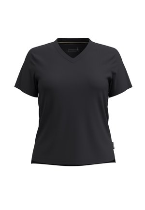 Black V-neck t-shirt with short sleeves, made of smooth fabric. Features a tag at the bottom left side and a subtle seam detail.