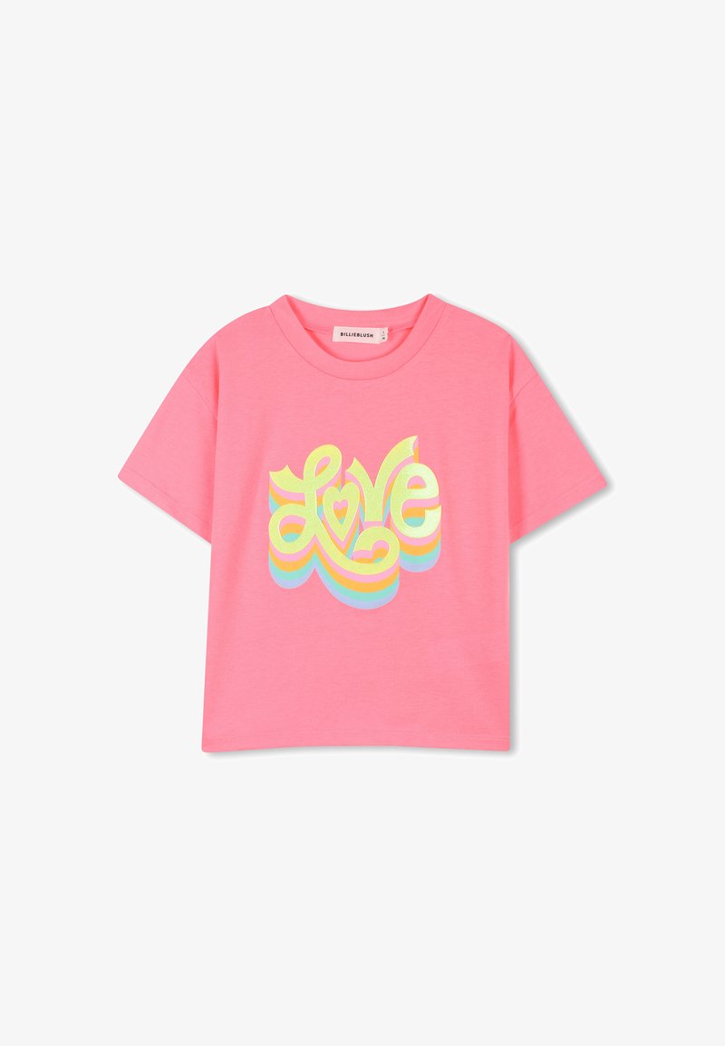 Roze katoenen T-shirt met korte mouwen met een retro "Love"-afbeelding met gele en blauwe golvende strepen. Ronde hals met een relaxte pasvorm.