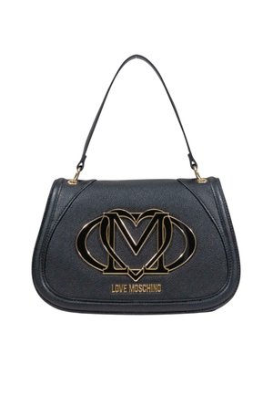 Black leather handbag with a rounded shape, gold-tone logo detail and hardware, featuring a top handle and textured surface.