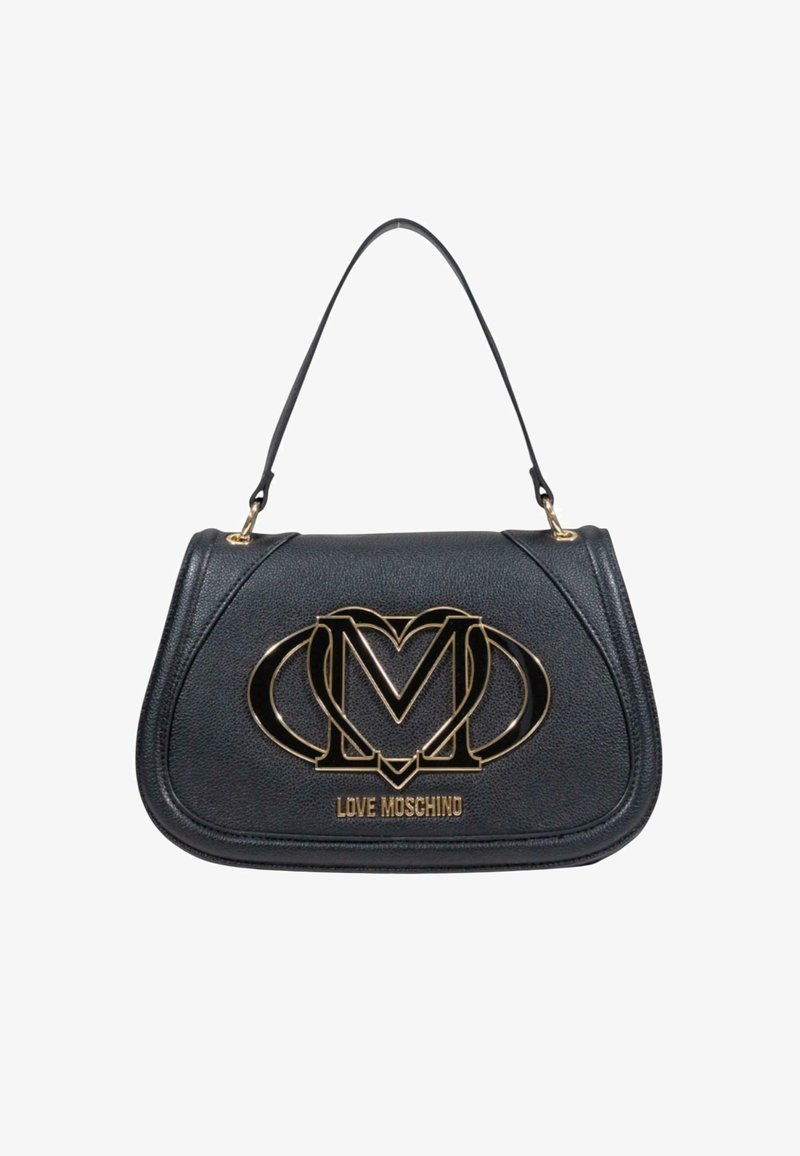 Borsa a mano in pelle nera con forma arrotondata, dettagli e hardware in tonalità oro, con manico superiore e superficie texturizzata.