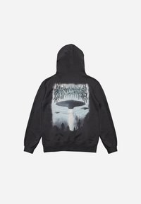 Black hoodie with a rear graphic of silhouetted figures and an alien spacecraft, featuring a soft texture and drawstring hood.