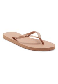 Flip-flop de culoare bej, cu o talpă texturată, curele netede și un detaliu cu logo pe banda din față. Designul ușor este potrivit pentru purtarea zilnică.