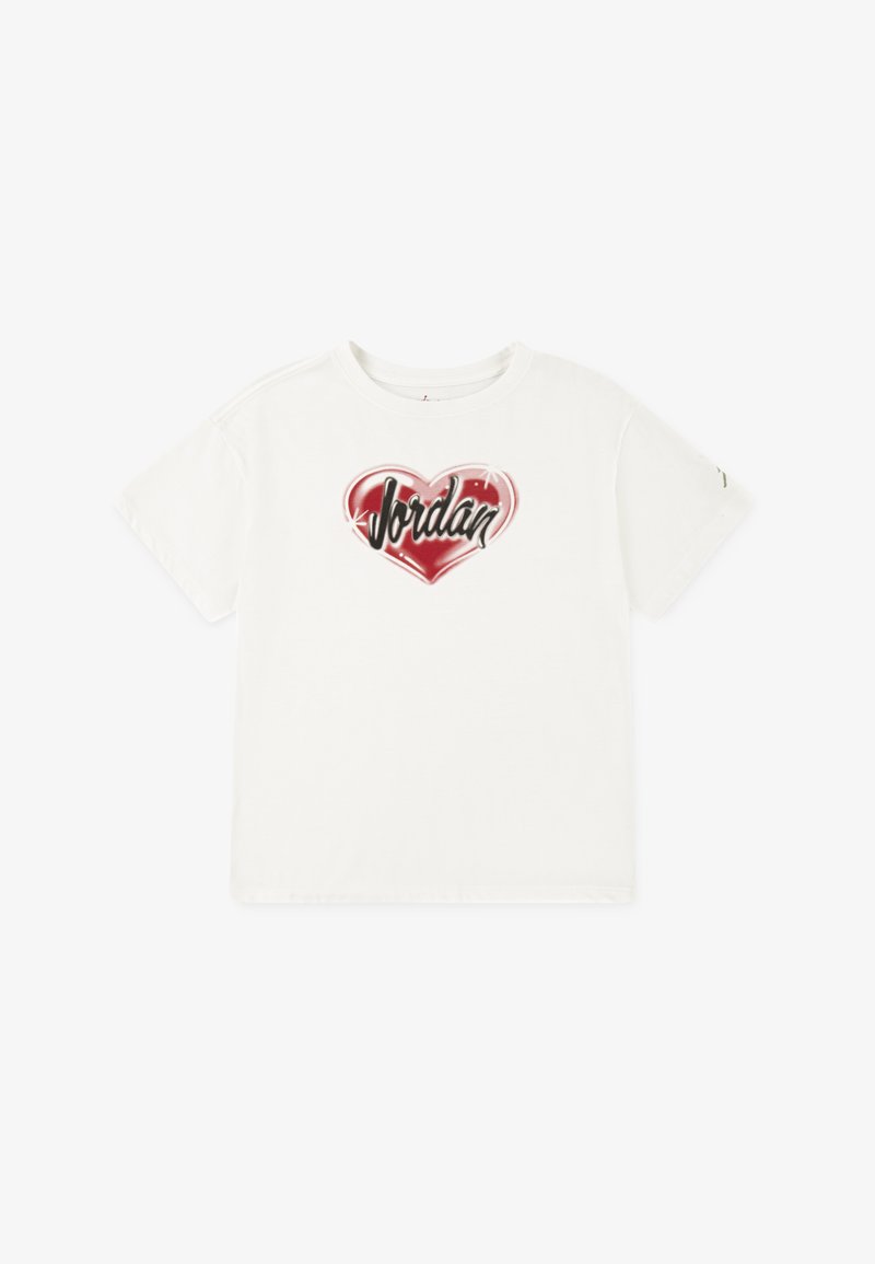 White cotton t-shirt featuring a red heart graphic with the word "Jordan" in black cursive, round neck, and short sleeves.