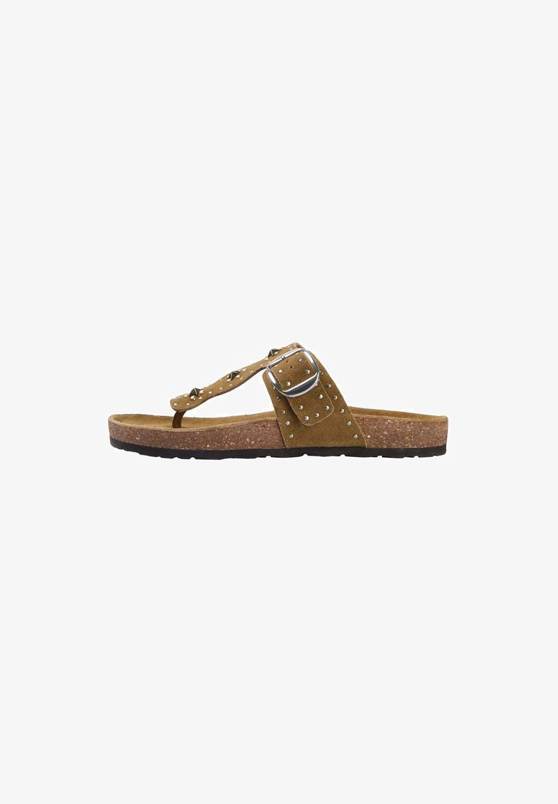 Brown suede thong sandal with a buckled strap, studded accents, and a cork footbed. Black rubber sole with textured pattern for grip.