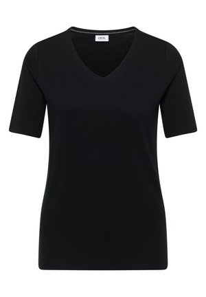 Zwarte korte mouw T-shirt met V-hals, een getailleerde pasvorm en een klein "CECEL" label aan de binnenkant van de halslijn.