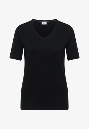 T-shirt noir à manches courtes avec col en V, coupe ajustée et petite étiquette "CECEL" à l'intérieur de l'encolure.