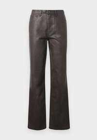 Brown leather pants with a high waist, straight leg design, visible stitching accents, and five pockets. Smooth texture, minimal sheen.