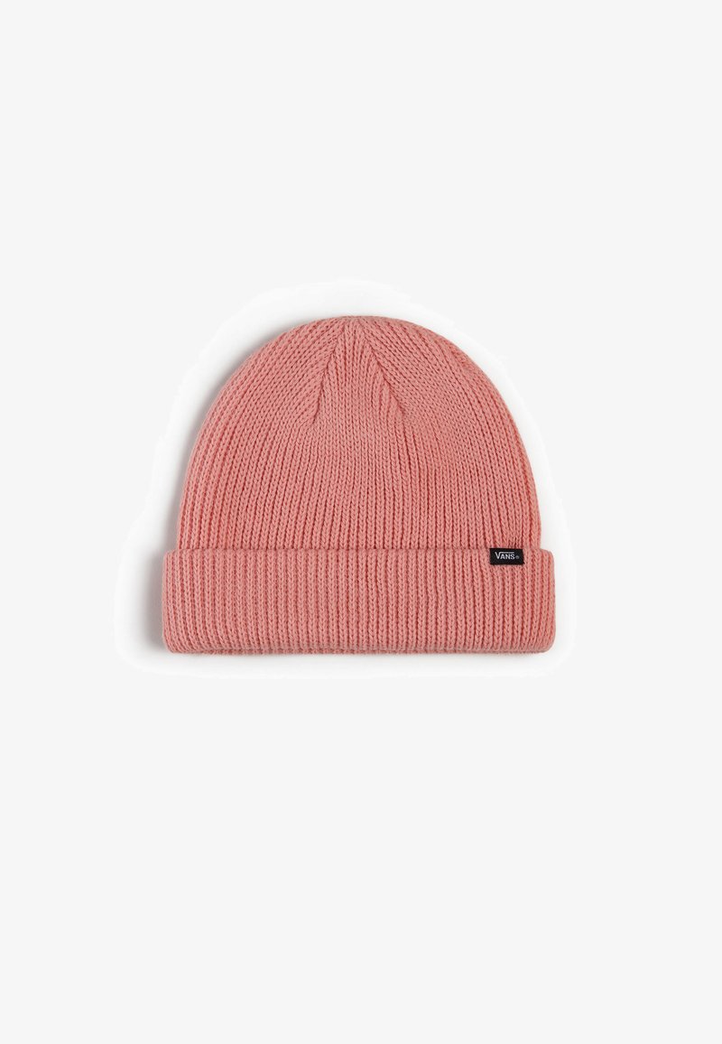 Beanie lavorato a maglia di colore rosa con una texture a coste, dotato di un risvolto e di un piccolo etichetta del logo Vans nera sul lato.