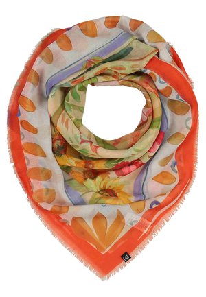 Lightweight scarf with orange border, floral and leaf patterns in green, yellow, and red, arranged in a loose spiral shape.