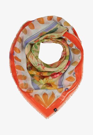 Eșarfă ușoară cu margine portocalie, modele florale și de frunze în verde, galben și roșu, aranjate într-o formație spiralată lejeră.