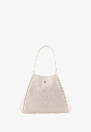 Textured off-white handbag with a soft, fuzzy surface, contrasting smooth white straps, and a small logo detail on the front.
