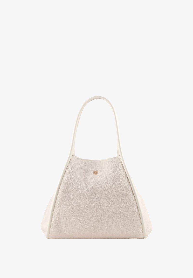 Torebka w kolorze off-white o fakturowanej powierzchni, z miękkimi, puszystymi elementami, gładkimi białymi ramiączkami i małym detalem logo z przodu.