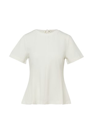 Blouse blanche à manches courtes avec un col rond, légère évasement à la taille, et une fermeture nouée à l'arrière.