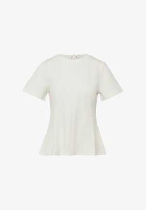 Blouse blanche à manches courtes avec un col rond, légère évasement à la taille, et une fermeture nouée à l'arrière.