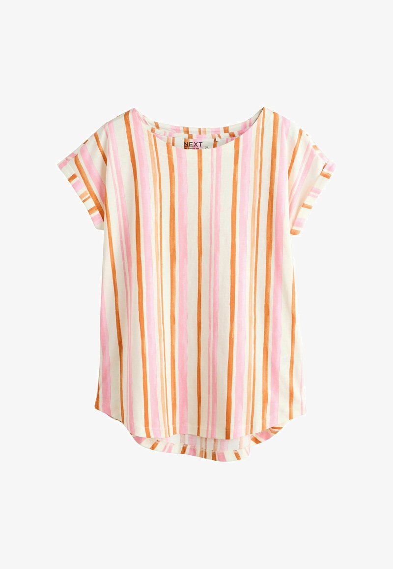 Košile s krátkými rukávy s vertikálními pruhy v růžové, oranžové a bílé barvě, zaobleným výstřihem a mírně zakřiveným lemem.