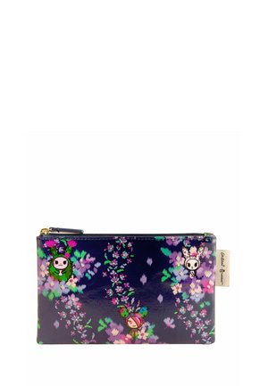 Navy blue zip pouch with floral patterns and three colorful cartoon characters on the front, including a cactus and two bunny-like figures.