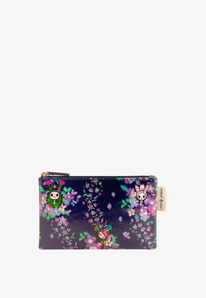 Námornícka modrá taštička na zips s kvetinovými vzormi a troma farebnými kreslenými postavičkami na prednej strane, vrátane kaktusu a dvoch postáv pripomínajúcich zajace.