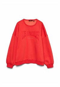 Rotes Sweatshirt mit rundem Ausschnitt, herunterhängenden Schultern und gerippten Bündchen. "LOS ANGELES" in fetter, passender Farbe auf der Vorderseite aufgedruckt.