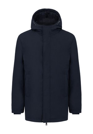 Chaqueta acolchada de color azul marino con capucha, que cuenta con cierre frontal con cremallera, dos bolsillos laterales y puños elásticos para brindar calidez y comodidad.