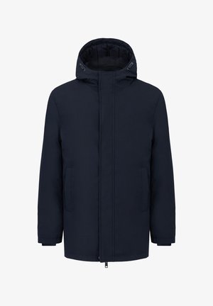 Navy blue padded jacket with a hood, featuring zippered front closure, two side pockets, and elastic cuffs for warmth and comfort.