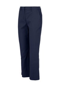Pantaloni blu navy realizzati in tessuto, con una finitura piatta, design a gamba dritta e tasche laterali, dalla trama liscia e con orli cuciti.
