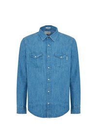 Camicia in denim blu con maniche lunghe, colletto a punta e due tasche sul petto. Presenta un'apertura frontale con bottoni e una texture sottile.