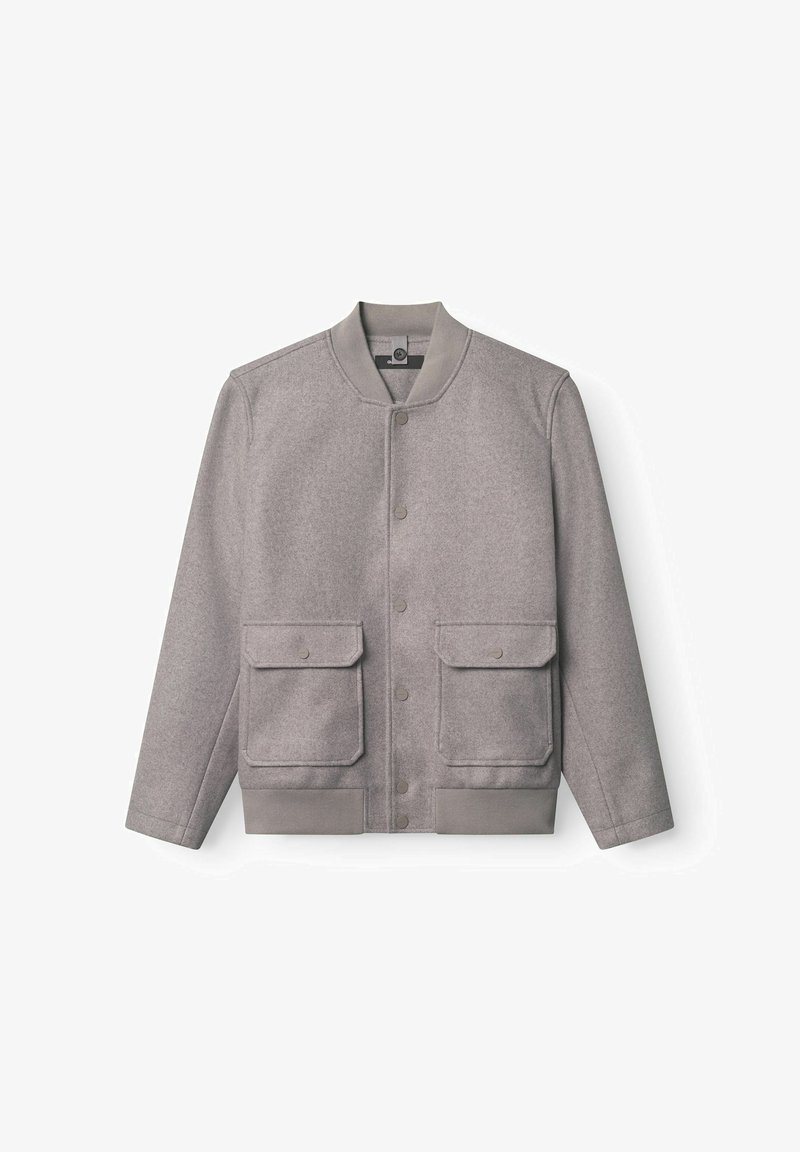 Grau Bomberjacke aus einem glatten Wollmix-Stoff. Verfügt über einen Rundhalsausschnitt, Druckknöpfe und zwei Fronttaschen mit Klappe.