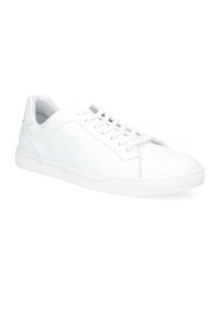 Białe skórzane sneakersy o gładkim wykończeniu, okrągłym czubku, pięcioma oczkami do sznurowania i teksturowaną gumową podeszwą. Minimalistyczny design, bez widocznych wzorów.