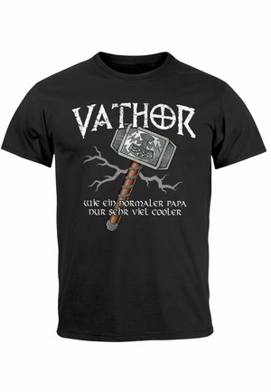 Black cotton t-shirt featuring a graphic of a hammer with decorative accents and the text "VATHOR" in bold, distressed lettering above and below.