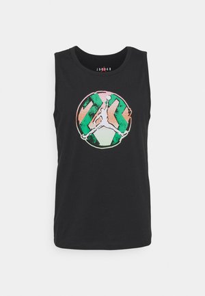 Zwarte mouwloze tanktop met een grafisch logo in groen, roze en oranje op een cirkelvormige achtergrond, gemaakt van zachte katoen.