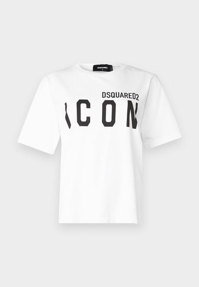 Valkoinen puuvillainen t-paita, jossa on pyöreä pääntie ja lyhyet hihat. Etupuolella mustalla painetut "DSQUARED2" ja "ICON" paksuilla suurilla kirjaimilla.