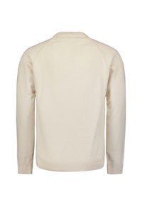 Lichtbeige gebreide trui met lange mouwen, ronde halslijn en geribde manchetten. Gladde textuur en eenvoudig, strak ontwerp.