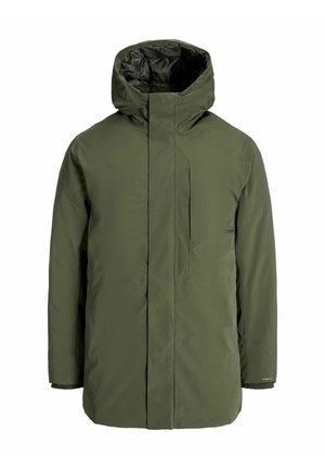 Olive green insulated parka jacket with a high collar, hood, and zippered chest pocket. Features smooth texture and minimalist design.