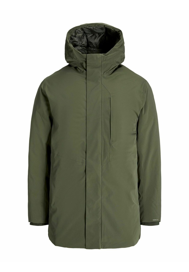 Olive green insulated parka jacket with a high collar, hood, and zippered chest pocket. Features smooth texture and minimalist design.