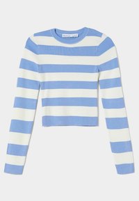 Kort långärmad tröja med växlande blå och vita ränder, tillverkad av mjukt stickat tyg med ribbad halsringning och mudd.