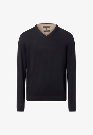 Maglione nero a scollo a V con maniche lunghe, caratterizzato da un orlo e polsini a coste. Realizzato in un tessuto morbido e liscio con un interno beige a contrasto.