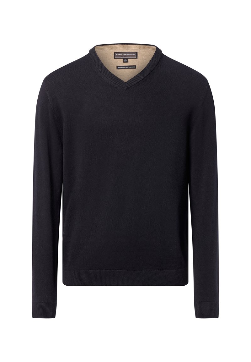 Zwarte v-hals trui met lange mouwen, met een geribbeld zoom en cuffs. Gemaakt van een zachte, gladde stof met een contrasterende beige binnenkant.