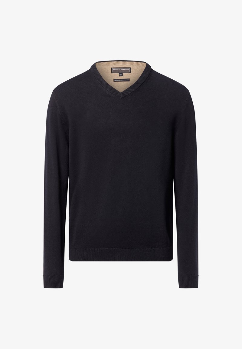 Zwarte v-hals trui met lange mouwen, met een geribbeld zoom en cuffs. Gemaakt van een zachte, gladde stof met een contrasterende beige binnenkant.