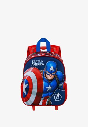 Rode en blauwe rugzak met een Captain America ontwerp en een schildafbeelding. Tekst luidt "Captain America." Inclusief verstelbare banden en handvat aan de bovenkant.