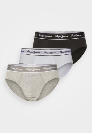 Drei Paare Herrenunterwäsche in Grau, Schwarz und Weiß mit elastischen Taillenbünden, die das "Pepe Jeans"-Logo in kontrastierenden Farben zeigen.