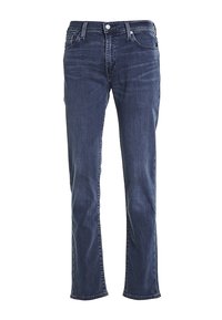 Jean denim bleu foncé avec une coupe droite, cinq poches, passants pour ceinture et fermeture par bouton. Le tissu présente une légère décoloration et une texture apparente.