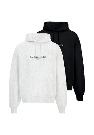 Hoodies in gray and black cotton blend, featuring drawstring hoods, ribbed cuffs, and large front kangaroo pockets. "JACK & JONES" logo displayed.
