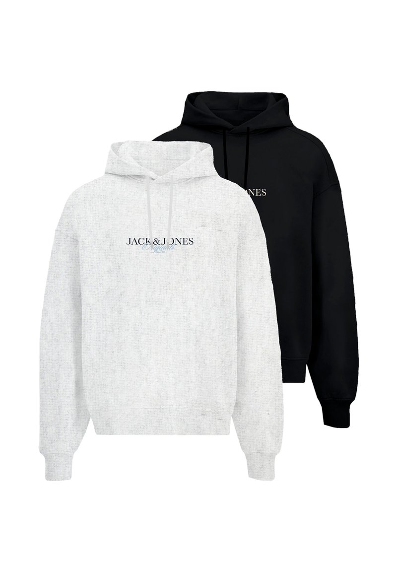 Sudaderas en mezcla de algodón gris y negro, con capuchas ajustables, puños acanalados y grandes bolsillos tipo canguro en la parte delantera. Logo de "JACK & JONES" mostrado.