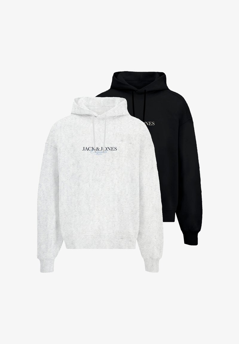 Sweatshirts en mélange de coton gris et noir, avec des capuchons à cordon, des poignets côtelés et de grandes poches kangourou avant. Logo "JACK & JONES" affiché.